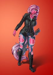 Size: 708x1000 | Tagged: safe, artist:pia-sama, artist:str1ker878, imported from derpibooru, oc, oc only, oc:pynk hyde, anthro, unicorn, boots, clothes, guitar, horn, jacket, jeans, leather jacket, musical instrument, pants, rock (music), rocker, shoes, solo, torn clothes