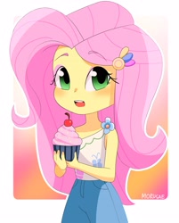 Size: 2283x2843 | Tagged: safe, artist:morusae, imported from derpibooru, fluttershy, equestria girls, abstract background, blushing, cherry, clothes, cupcake, cute, eyeshadow, female, food, high res, holding, looking at you, makeup, shyabetes, solo