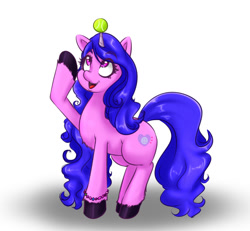 Size: 1300x1200 | Tagged: safe, artist:albertbm, imported from derpibooru, izzy moonbow, pony, unicorn, ball, bracelet, chest fluff, female, g5, g5 movie, horn, horn guard, horn impalement, hornball, izzy's tennis ball, jewelry, looking up, mare, open mouth, raised hoof, simple background, solo, tennis ball, unshorn fetlocks, white background