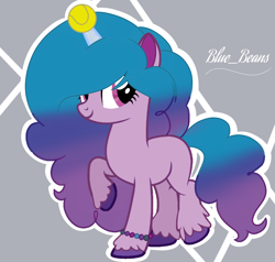 Size: 1200x1142 | Tagged: safe, artist:bluebeansithink, imported from derpibooru, izzy moonbow, pony, unicorn, abstract background, ball, bracelet, female, g5, g5 movie, g5 to g4, horn, horn guard, horn impalement, hornball, izzy's tennis ball, jewelry, mare, raised hoof, signature, smiling, solo, tennis ball, unshorn fetlocks