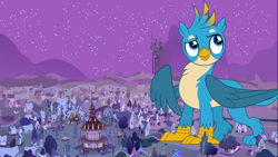 Size: 1920x1080 | Tagged: safe, artist:dashiesparkle edit, artist:foxy-noxy, edit, editor:jaredking203, imported from derpibooru, vector edit, gallus, griffon, giant griffon, gigallus, macro, male, mega giant, night, ponyville, story included, vector