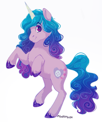 Size: 703x834 | Tagged: safe, artist:pigeorgien, imported from derpibooru, izzy moonbow, pony, unicorn, cute, female, g5, gradient mane, izzybetes, looking at you, mare, raised hoof, rearing, signature, simple background, smiling, solo, unshorn fetlocks, white background