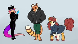 Size: 1600x900 | Tagged: safe, artist:loryska, imported from derpibooru, oc, oc only, oc:asante, oc:clarabelle, oc:mezzanine, abyssinian, dragon, hybrid, zony, adopted offspring, clothes, hoodie, parent:sweetie belle, unshorn fetlocks