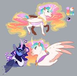 Size: 1500x1486 | Tagged: safe, artist:owlcoholik, imported from derpibooru, nightmare moon, princess celestia, pony, alternate design, hoers, magic, two toned wings, wings