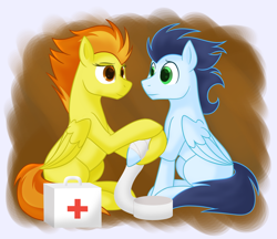 Size: 1100x950 | Tagged: safe, artist:enigmadoodles, imported from derpibooru, soarin', spitfire, pegasus, pony, bandage, cute, cutefire, female, male, mare, raised hoof, shipping, soarinbetes, soarinfire, stallion, straight, sweet dreams fuel