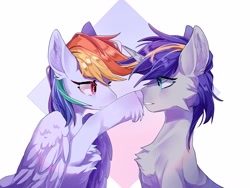 Size: 4000x3000 | Tagged: safe, artist:memorycity2, imported from derpibooru, rainbow dash, oc, oc:dopami korpela, pegasus, pony, unicorn, boop, canon x oc, dopadash, female, horn, looking at each other, male, mare, shipping, stallion, straight, unicorn oc