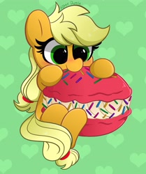 Size: 3428x4096 | Tagged: safe, artist:kittyrosie, imported from derpibooru, part of a set, applejack, earth pony, pony, blushing, chibi, cute, eating, food, green background, hatless, heart, herbivore, jackabetes, macaron, missing accessory, part of a series, remake, simple background, sitting, solo, sweet dreams fuel