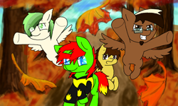 Size: 854x512 | Tagged: source needed, safe, artist:sugar puppy, imported from derpibooru, oc, oc only, oc:bman64, oc:dreamer skies, oc:sprite, oc:yoshi ringo, pony, band, fanfic art, gift art, group, leaves, pony oc, tree