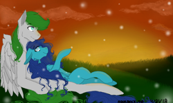 Size: 854x512 | Tagged: safe, artist:aquashock_70, imported from derpibooru, oc, oc:aquashock, oc:dreamer skies, firefly (insect), insect, pegasus, pony, 3ds, female, grass, grass field, lying down, male, oc x oc, romantic, shipping, sunset