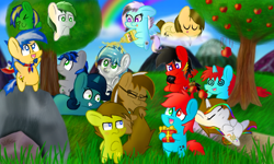 Size: 854x512 | Tagged: source needed, safe, artist:yoshi ringo, imported from derpibooru, oc, oc:bman64, oc:dreamer skies, oc:yoshi ringo, earth pony, pegasus, unicorn, 3ds, apple, apple tree, bipedal, chibi, climbing, earth pony oc, flying, food, holding a present, hooves on belly, horn, lying down, oil, on stomach, open mouth, pegasus oc, present, prone, sleeping, superhero, swirly eyes, teeth, tree, unicorn oc, wings