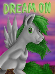 Size: 512x680 | Tagged: safe, artist:yoshi ringo, imported from derpibooru, oc, oc only, oc:dreamer skies, pegasus, looking at you, male, no pony, pegasus oc, smiling, solo, stallion, text, wings