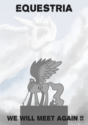 Size: 2480x3508 | Tagged: safe, artist:tofuslied-, imported from derpibooru, princess celestia, alicorn, pony, equestria at war mod, debunked, headless, implied changeling, propaganda, statue, tether