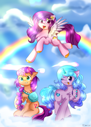 Size: 905x1274 | Tagged: safe, artist:starflashing twinkle, imported from derpibooru, izzy moonbow, pipp petals, sunny starscout, earth pony, pegasus, pony, unicorn, adorapipp, badge, bag, bracelet, braid, chest fluff, cloud, cropped, cute, cutie mark, female, flying, g5, izzybetes, jewelry, jewels, looking at you, lowres, mare, medal, one eye closed, open mouth, pipp, rainbow, raised hoof, signature, sitting, sky, smiling, spread wings, spreading, sunlight, sunnybetes, tongue out, trio, unshorn fetlocks, wings, wink