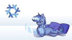 Size: 3840x2160 | Tagged: safe, artist:chibadeer, imported from derpibooru, oc, oc only, oc:nixos, pony, unicorn, female, linux, lying down, magic, magic aura, ponified, simple background, solo, tail, wallpaper