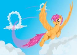 Size: 2898x2070 | Tagged: safe, artist:drizzthunter, imported from derpibooru, scootaloo, pegasus, pony, alternate cutie mark, cloud, flying, older, older scootaloo, scootaloo can fly, solo