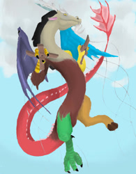 Size: 750x960 | Tagged: safe, artist:drizzthunter, imported from derpibooru, discord, draconequus, marionette, puppet strings, sky background, solo