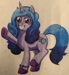 Size: 2681x2905 | Tagged: safe, artist:bozzerkazooers, imported from derpibooru, izzy moonbow, pony, unicorn, bracelet, female, g5, grin, high res, jewelry, mare, smiling, solo, teeth, traditional art, unshorn fetlocks