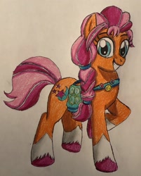 Size: 2371x2942 | Tagged: safe, artist:bozzerkazooers, imported from derpibooru, sunny starscout, earth pony, pony, badge, bag, braid, female, g5, grin, high res, looking at you, mare, raised hoof, smiling, teeth, traditional art, unshorn fetlocks