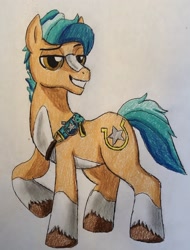 Size: 2200x2896 | Tagged: safe, artist:bozzerkazooers, imported from derpibooru, hitch trailblazer, earth pony, pony, g5, grin, high res, male, raised hoof, smiling, solo, stallion, teeth, traditional art, unshorn fetlocks