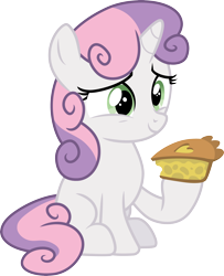 Size: 3000x3687 | Tagged: safe, artist:cloudy glow, artist:cloudyglow, imported from derpibooru, sweetie belle, pony, unicorn, .ai available, cute, diasweetes, female, filly, food, hoof hold, pie, simple background, sitting, smiling, solo, transparent background, vector