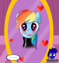 Size: 3840x4154 | Tagged: safe, alternate version, artist:damlanil, imported from derpibooru, rainbow dash, pegasus, pony, 20% cooler, blushing, carousel boutique, catsuit, clothes, comic, cute, dashabetes, female, happy, heart, heart eyes, latex, latex suit, looking at you, mare, mirror, open mouth, rubber, shine, shiny, simple background, smiling, spy, suit, text, vector, wingding eyes, wings