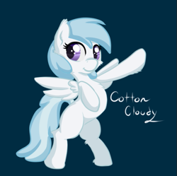 Size: 535x533 | Tagged: safe, artist:alazak, imported from derpibooru, cotton cloudy, pegasus, pony, bipedal, blue background, chest fluff, ear fluff, female, filly, furry, hoof fluff, hooves, hooves up, raised hoof, signature, simple background, smiling, solo, underhoof