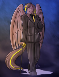 Size: 773x1000 | Tagged: safe, artist:kadath, imported from derpibooru, oc, oc only, oc:zeus, anthro, pegasus, cane, clothes, commission, digital art, eyebrows, eyebrows visible through hair, fedora, hat, looking at you, male, necktie, pants, shoes, signature, simple background, smiling, smirk, solo, solo male, suit, tail, wings