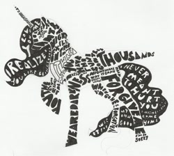 Size: 1302x1169 | Tagged: safe, artist:iceofwaterflock, imported from derpibooru, princess luna, alicorn, pony, black and white, grayscale, monochrome, solo, traditional art, typography, word art, word cloud