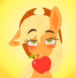 Size: 2776x2840 | Tagged: safe, artist:littmosa, imported from derpibooru, applejack, earth pony, pony, apple, bedroom eyes, blushing, bust, female, females only, food, looking up, mare, one ear down, portrait, simple background, solo, yellow background
