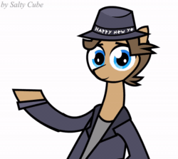 Size: 800x712 | Tagged: safe, artist:saltycube, imported from derpibooru, earth pony, pony, animated, clothes, colt, costume, fedora, gif, hat, jerma985, looking at you, m'lady, male, ponified, rule 85, simple background, solo, white background