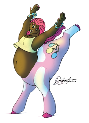 Size: 1700x2342 | Tagged: safe, artist:iceofwaterflock, imported from derpibooru, pinkie pie, centaur, human, taur, arms in the air, belly button, bracelet, bucking, centaurified, chubby, clothes, dark skin, dreadlocks, ear piercing, earring, exposed belly, fat, headcanon, humanized, jewelry, op is a duck, op is trying to start shit, piercing, pudgy pie, simple background, smiling, solo, species swap, standing on two hooves, tanktop, transparent background