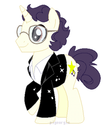 Size: 356x426 | Tagged: safe, artist:pigeorgien, artist:selenaede, imported from derpibooru, oc, oc only, pony, unicorn, 80s, base used, clothes, glasses, jacket, male, musician, ponified, raised hoof, shirt, singer, smiling, solo, sparkles, stallion, the buggles, trevor horn