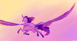 Size: 1198x639 | Tagged: safe, artist:iceofwaterflock, imported from derpibooru, twilight sparkle, alicorn, pony, curved horn, flying, horn, solo, twilight sparkle (alicorn)