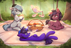 Size: 2921x1978 | Tagged: safe, artist:fensu-san, imported from derpibooru, oc, oc only, earth pony, pony, unicorn, basket, cup, eating, food, forest, glasses, hat, magic, picnic, picnic basket, picnic blanket, pie, piercing, sandwich, teacup, teapot, tree