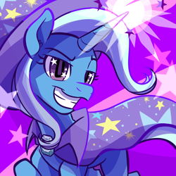 Size: 1200x1200 | Tagged: safe, artist:redahfuhrerking, imported from derpibooru, trixie, pony, unicorn, abstract background, cape, clothes, female, hat, magic, mare, smug, solo, stars