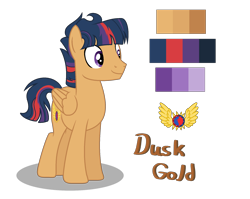 Size: 1970x1572 | Tagged: safe, artist:sarasdream04, imported from derpibooru, oc, oc only, oc:dusk gold, pegasus, pony, magical lesbian spawn, male, offspring, parent:sunset shimmer, parent:twilight sparkle, parents:sunsetsparkle, reference sheet, simple background, solo, stallion, transparent background