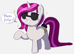 Size: 2688x1984 | Tagged: safe, artist:heretichesh, imported from derpibooru, oc, oc only, oc:zew, pony, unicorn, cool, dialogue, female, filly, glasses, grin, smiling, solo, speech bubble, sunglasses, tail wrap, text