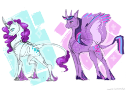 Size: 5730x4110 | Tagged: safe, artist:iceofwaterflock, imported from derpibooru, rarity, twilight sparkle, alicorn, classical unicorn, unicorn, alternate design, cloven hooves, colored sketch, duo, leonine tail, sketch, twilight sparkle (alicorn), unshorn fetlocks