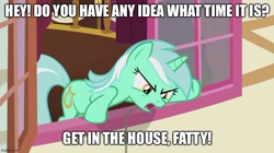 Size: 888x499 | Tagged: safe, edit, edited screencap, imported from derpibooru, screencap, lyra heartstrings, pony, unicorn, slice of life (episode), angry, caption, family guy, image macro, looking back, meme, quote, reference, text, window, yelling