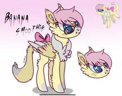 Size: 2132x1668 | Tagged: safe, artist:caramelbolt24, imported from derpibooru, oc, oc only, oc:banana smoothie, pegasus, pony, bow, bust, chest fluff, ear fluff, glasses, gradient background, pegasus oc, signature, smiling, tail bow, two toned wings, wings