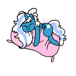 Size: 1000x1000 | Tagged: safe, artist:glittiewings, imported from derpibooru, oc, oc:fleurbelle, alicorn, alicorn oc, bow, female, hair bow, horn, hug, mare, pillow, pillow hug, simple background, sleeping, transparent background, wings