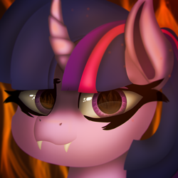 Size: 3542x3542 | Tagged: safe, artist:nacl69, imported from derpibooru, twilight sparkle, pony, unicorn, eye reflection, fangs, female, fire, reflection, solo, solo female