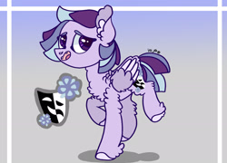 Size: 2278x1637 | Tagged: safe, artist:caramelbolt24, imported from derpibooru, oc, oc only, pegasus, pony, abstract background, ear fluff, hoof fluff, magical lesbian spawn, offspring, open mouth, parent:rarity, parent:twilight sparkle, parents:rarilight, pegasus oc, raised hoof, reference sheet, signature, smiling, solo, theater masks, two toned wings, wings