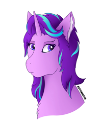 Size: 2966x3716 | Tagged: safe, artist:autumnsfur, artist:slythefolf, imported from derpibooru, starlight glimmer, pony, unicorn, bust, chest fluff, ear fluff, female, high res, looking away, mare, portrait, simple background, solo, text, white background