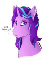 Size: 2966x3716 | Tagged: safe, alternate version, artist:autumnsfur, artist:slythefolf, imported from derpibooru, starlight glimmer, pony, unicorn, bust, chest fluff, dialogue, ear fluff, female, high res, looking away, mare, portrait, simple background, solo, text, white background