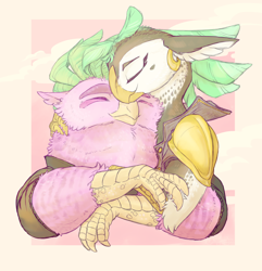 Size: 2850x2955 | Tagged: safe, artist:iceofwaterflock, imported from derpibooru, captain celaeno, lix spittle, bird, parrot, parrot pirates, my little pony: the movie, celspittle, cuddling, ear piercing, earring, eyes closed, female, jewelry, lesbian, piercing, pirate, shipping