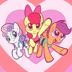 Size: 2080x2080 | Tagged: safe, artist:pfeffaroo, imported from derpibooru, apple bloom, scootaloo, sweetie belle, earth pony, pegasus, pony, unicorn, adorabloom, bow, clothes, cosplay, costume, crossover, cute, cutealoo, cutie mark crusaders, diasweetes, dress, female, filly, hair bow, heart, high res, open mouth, the powerpuff girls, trio