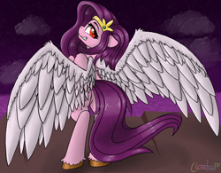 Size: 2340x1827 | Tagged: safe, artist:llametsul, imported from derpibooru, pipp petals, pegasus, pony, adorapipp, bipedal, cute, female, g5, grin, looking at you, looking back, looking back at you, mare, pipp, signature, simple background, smiling, smirk, solo, spread wings, unshorn fetlocks, wings