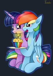 Size: 2480x3507 | Tagged: safe, artist:twidasher, imported from derpibooru, rainbow dash, twilight sparkle, pegasus, pony, unicorn, candle, duo, feather, female, food, lesbian, muffin, open mouth, shipping, signature, twidash, unicorn twilight