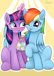 Size: 2480x3507 | Tagged: safe, artist:twidasher, imported from derpibooru, rainbow dash, twilight sparkle, pegasus, pony, unicorn, blushing, drink, drinking, duo, feather, female, hug, lesbian, looking at each other, magic, sharing a drink, shipping, signature, sweat, twidash, unicorn twilight, winghug, wings